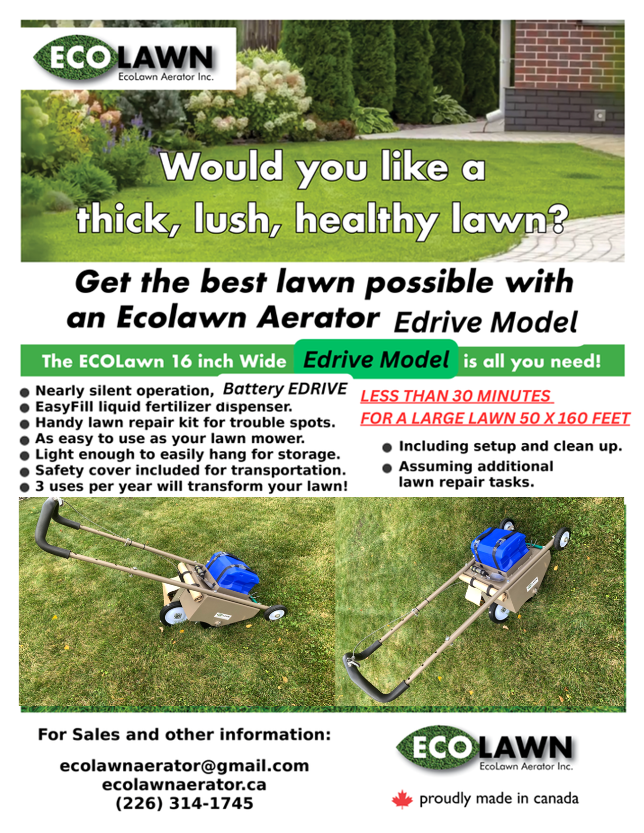 EcoLawn Aerator 16 Inch Wide Battery Electric Drive Assisted Lawn Aerator for Larger Lawns or Lawncare Contractors