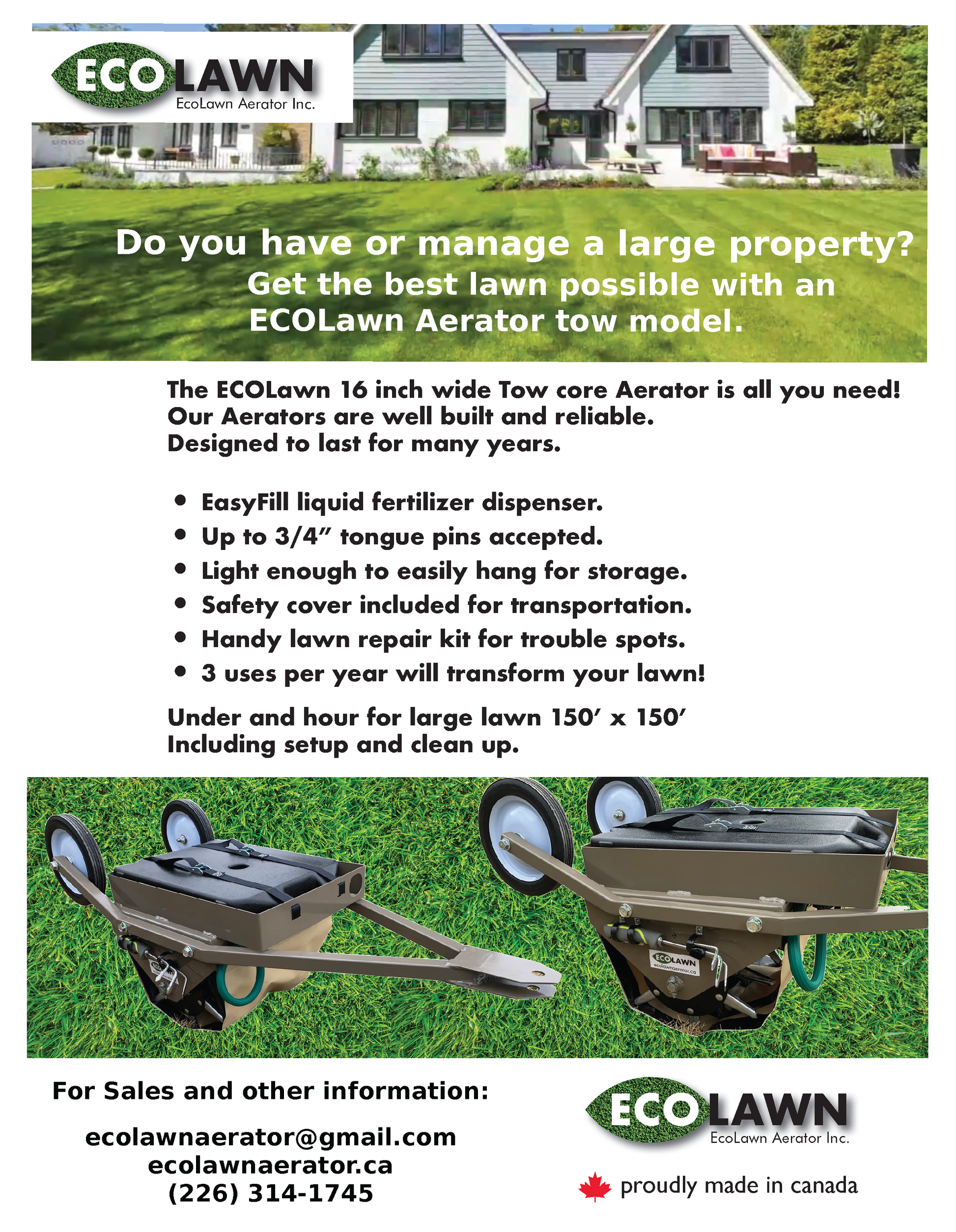 EcoLawn Aerator Inc. Power Single Double or Triple Tow Core Lawn Aerator for Larger Lawn Types